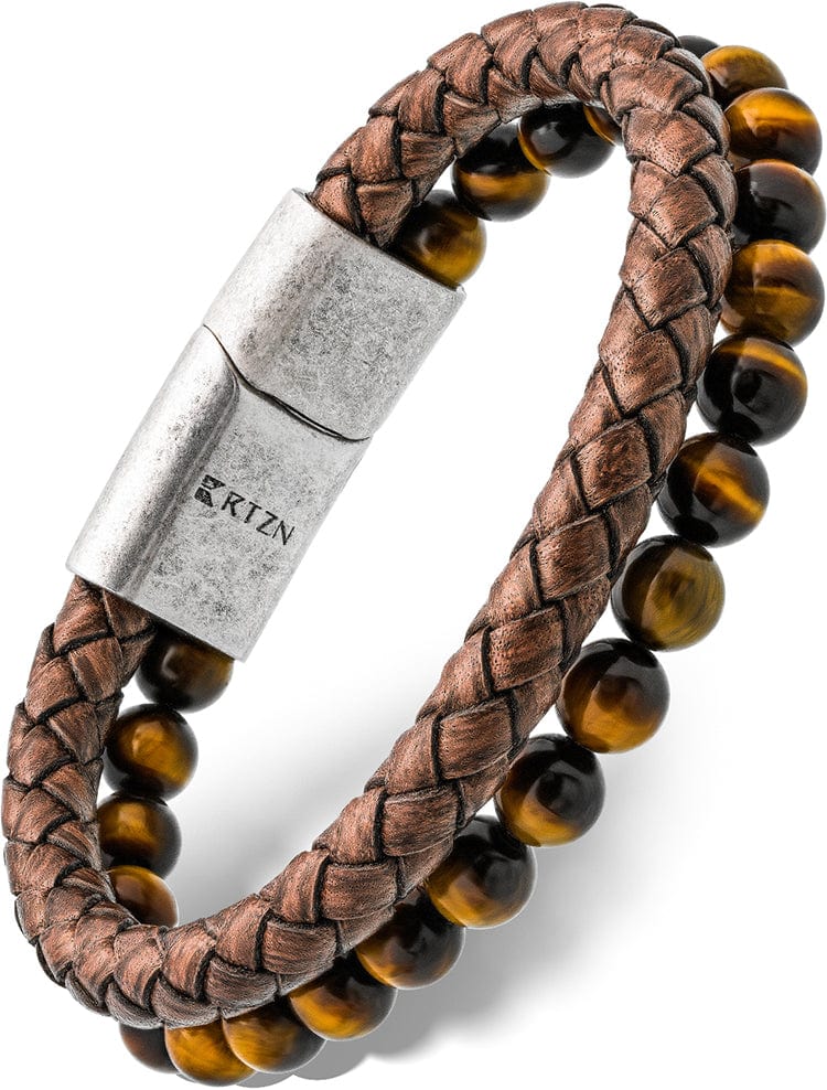 Brown Braided Leather & Tiger Eye Bead Bracelet Large