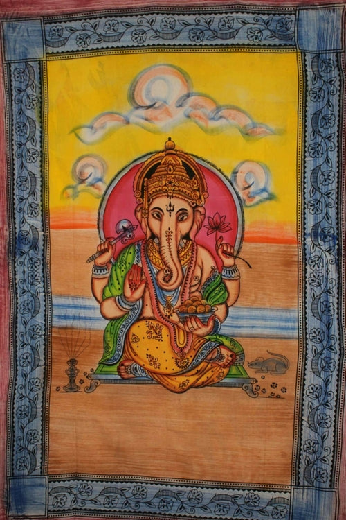 Ganesha Pastel Lotus Tapestry Twin Size Wall Hanging 80 x 55 Blue Cotton