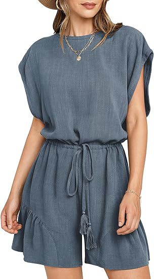 Cotton And Linen Jumpsuit Loose Waist Short Sleeve Women Gray