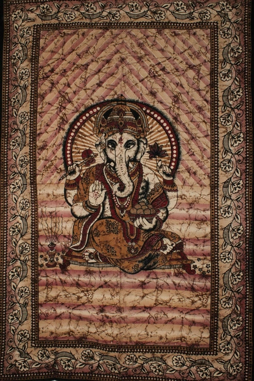 Ganesha Lotus Tapestry Twin Batik Tie Dye Wall Hanging 80 x 55 Brown Cotton
