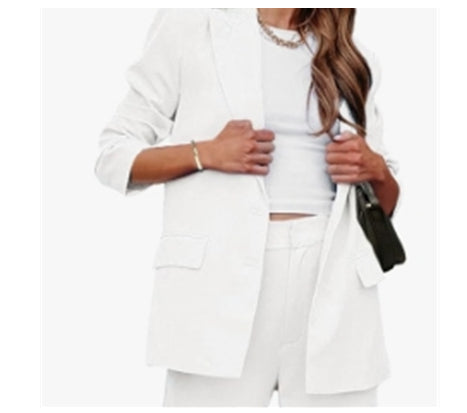 Women's Fashion Casual Solid Color Coat Trousers Suit White