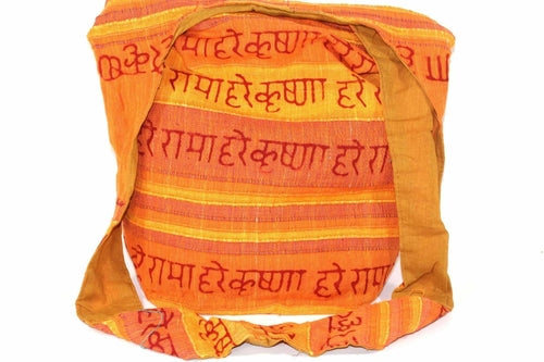 Hare Krishna Jhola Sling Bag 14 Inch Cotton Zip Pocket Orange Stripes Cotton