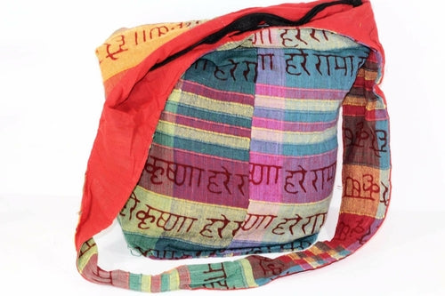 Hare Krishna Jhola Sling Bag 14 Inch Cotton Zip Pocket Blue Orange Stripes Cotton