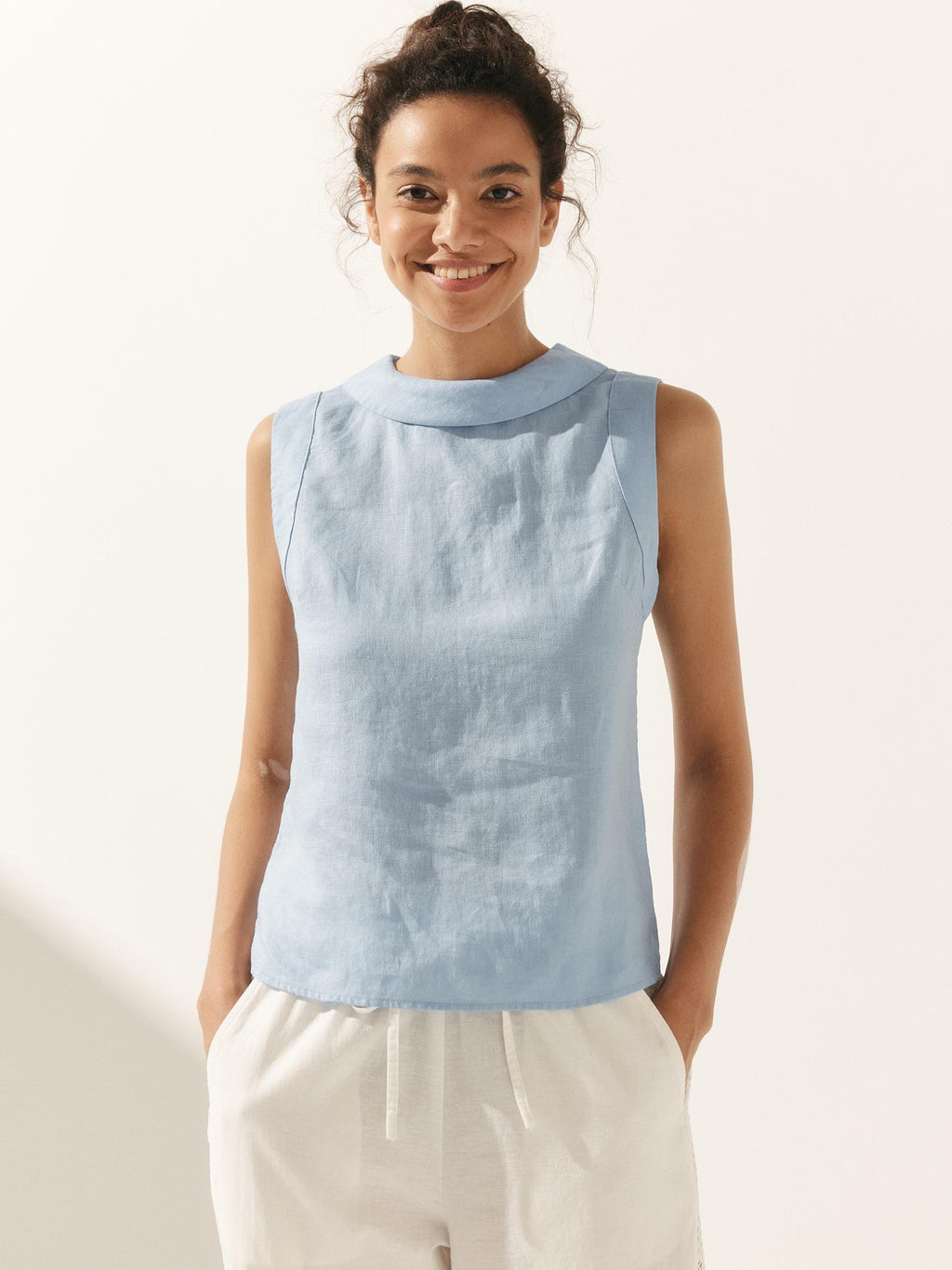 100% Linen Draped Collar Tank Top JACQUELINE Ice Blue