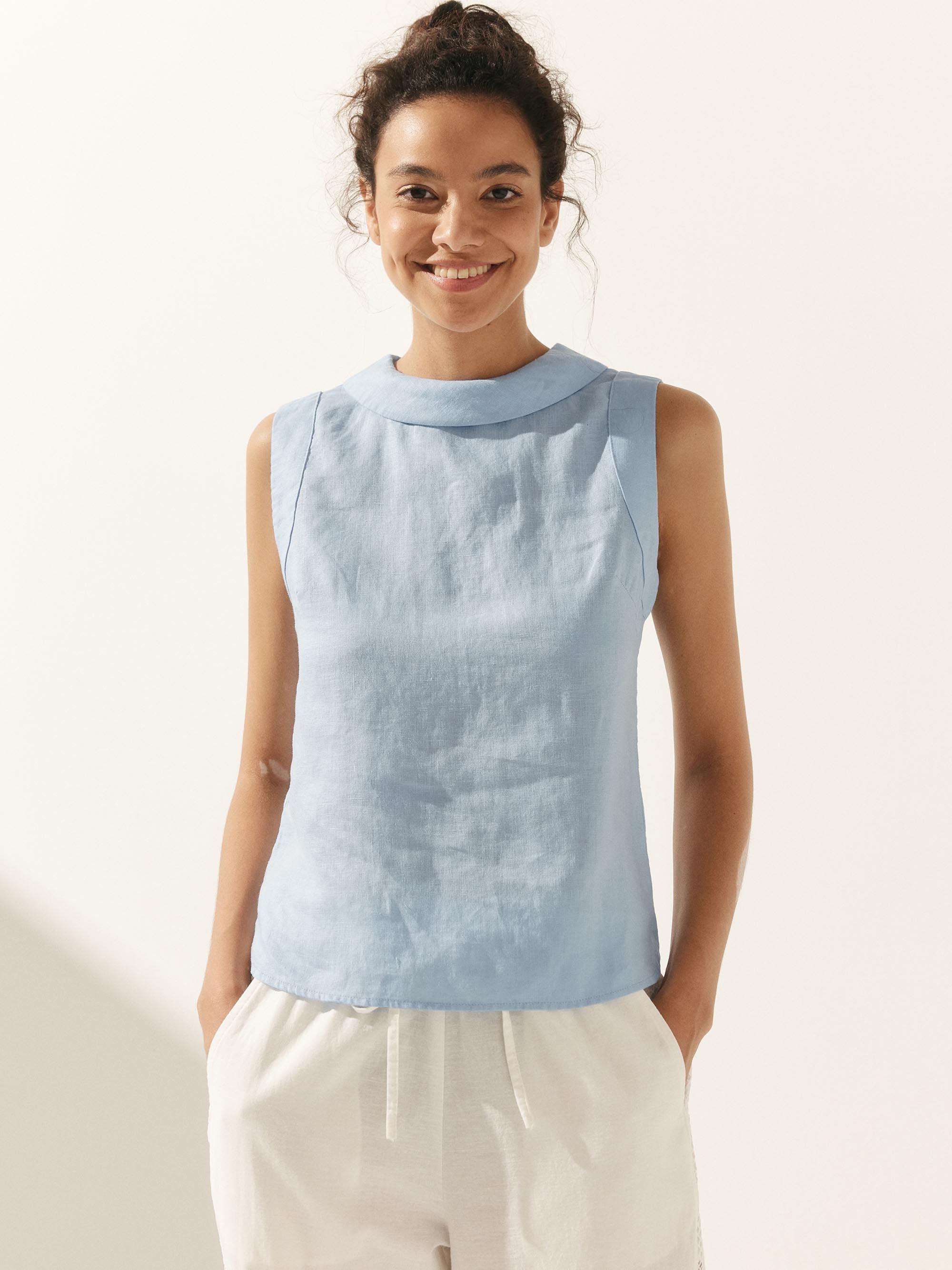 100% Linen Draped Collar Tank Top JACQUELINE Ice Blue