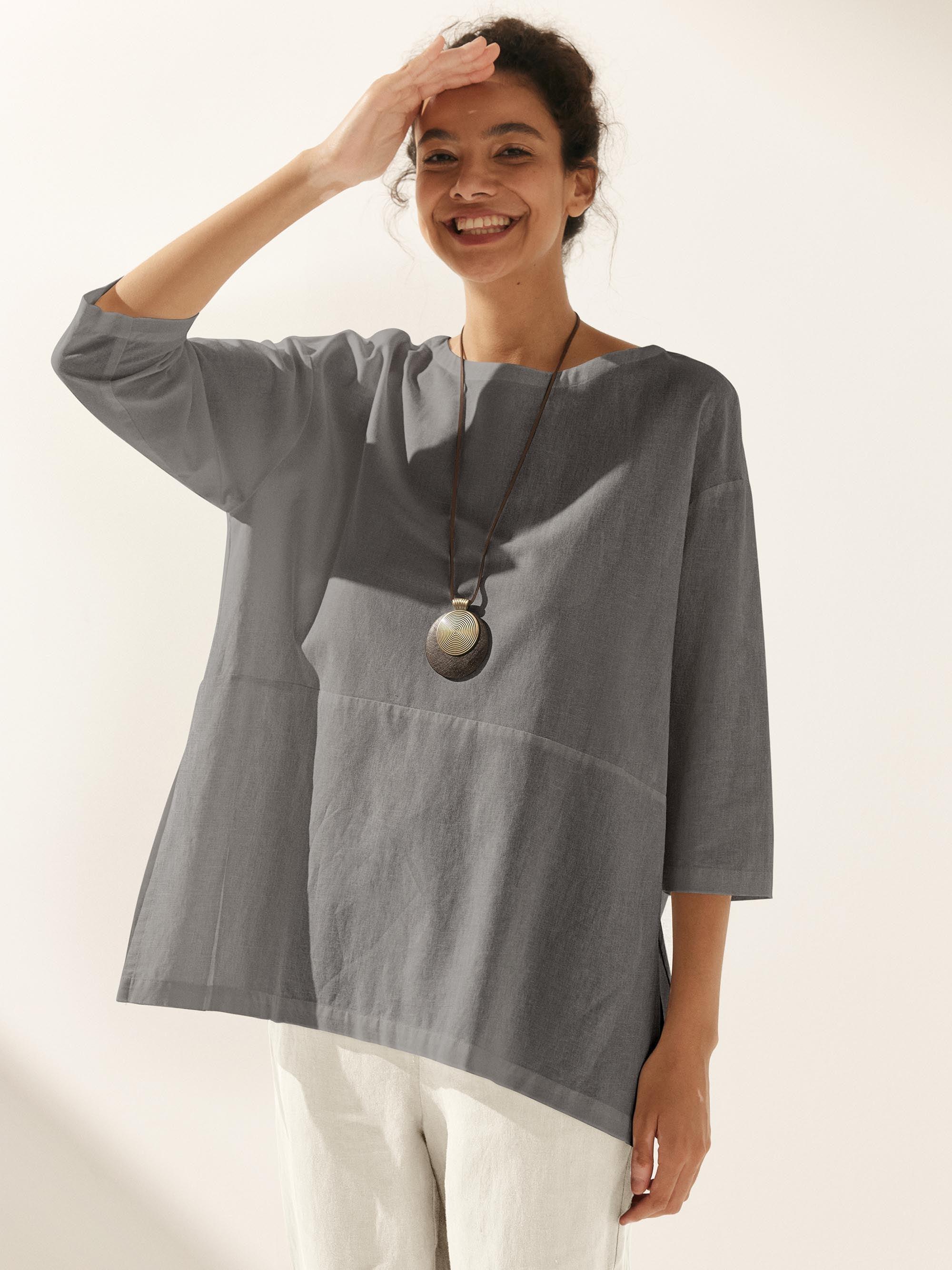 Linen White Boat Neck Oversized Top AVA Neutral Grey