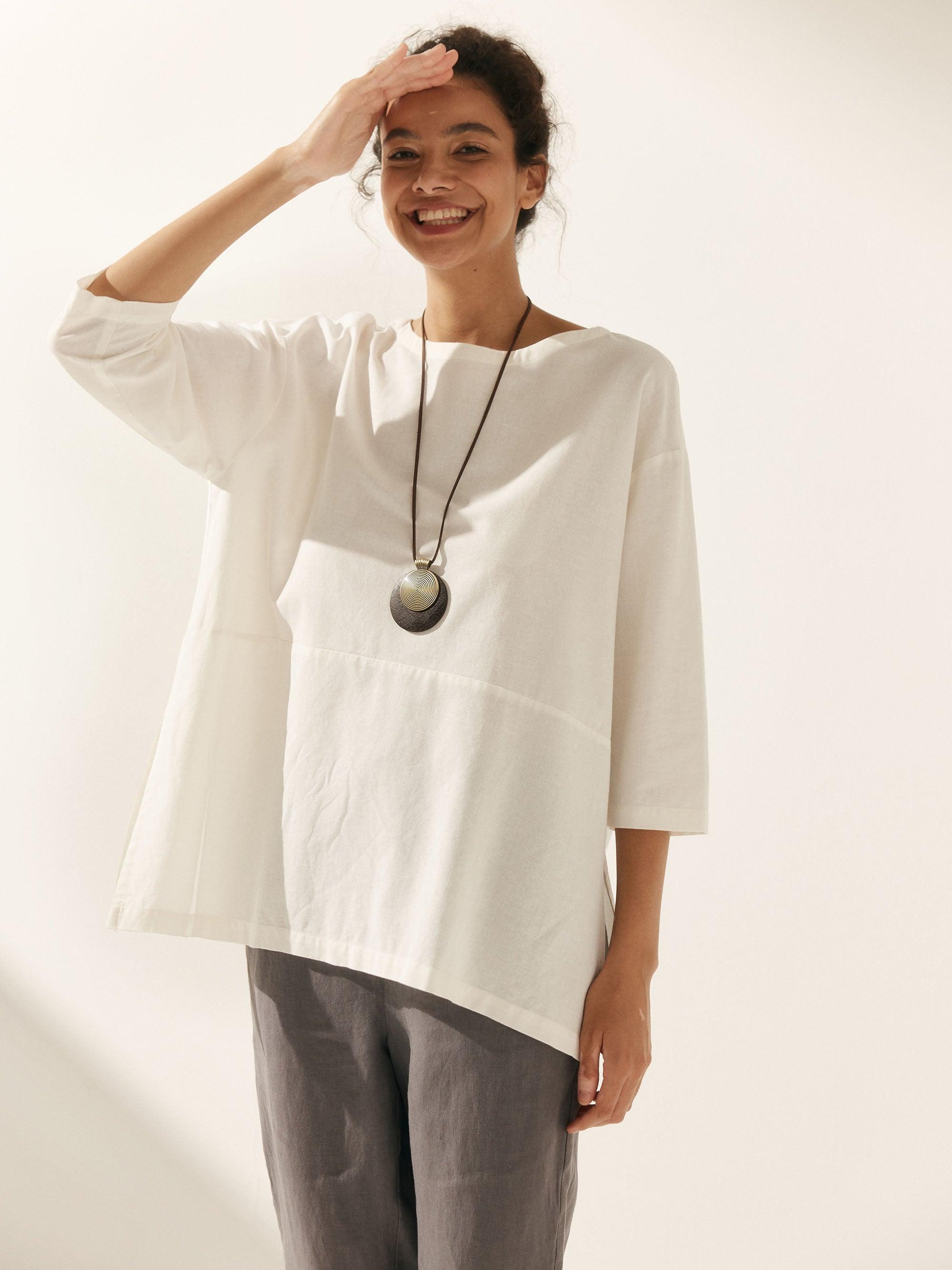 Linen White Boat Neck Oversized Top AVA Optic White
