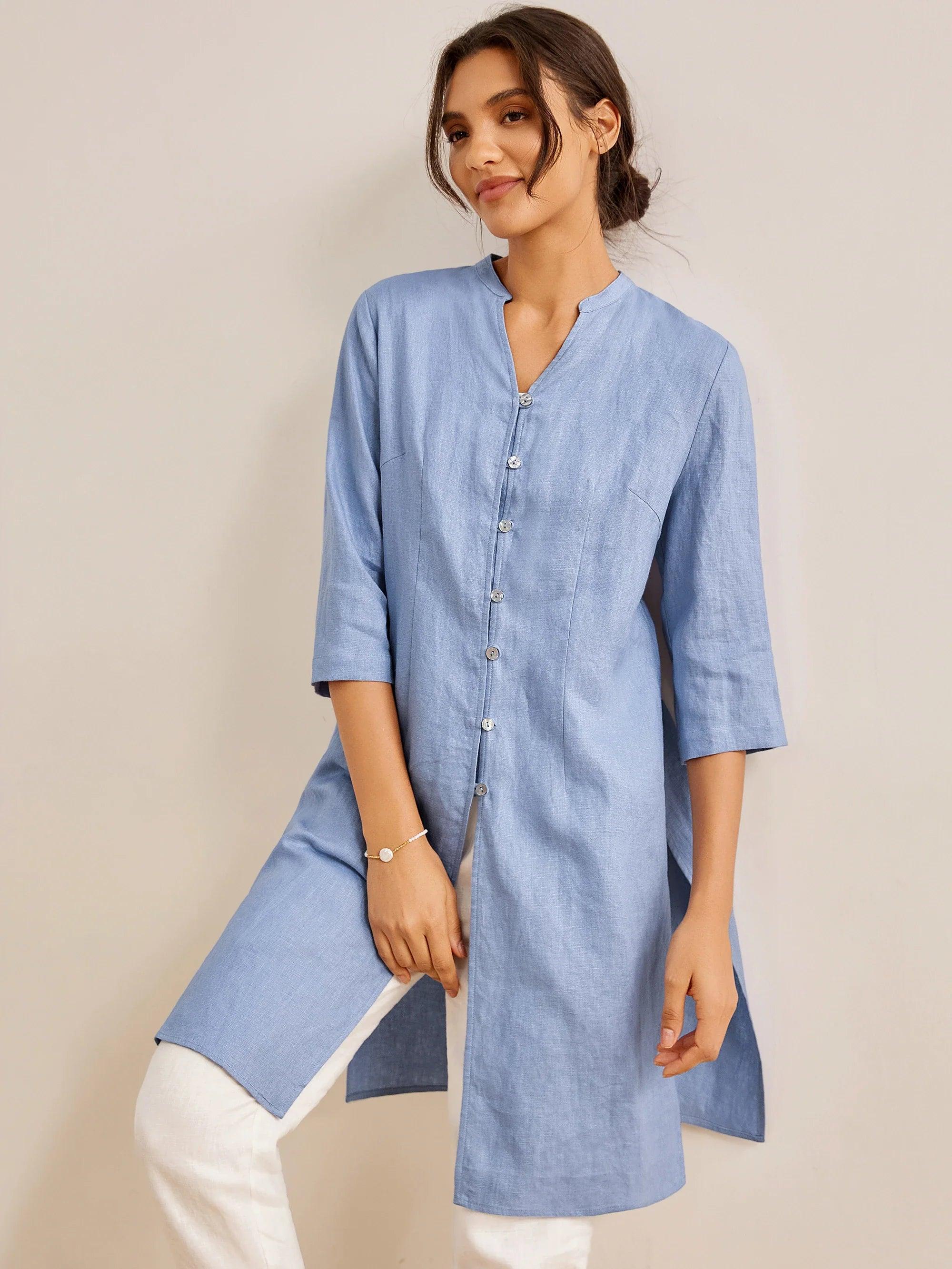 100% Linen Hand Button Long Top DILLON Powder Blue