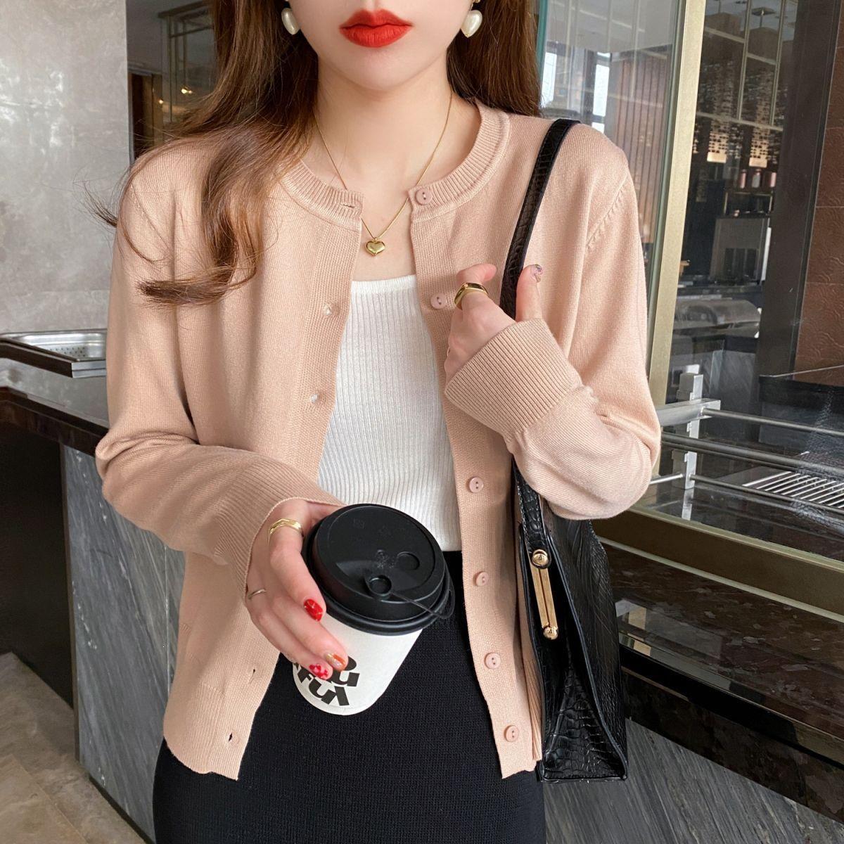 Women's Slimming Round-Neck Long-Sleeve Knitted Cardigan Khaki