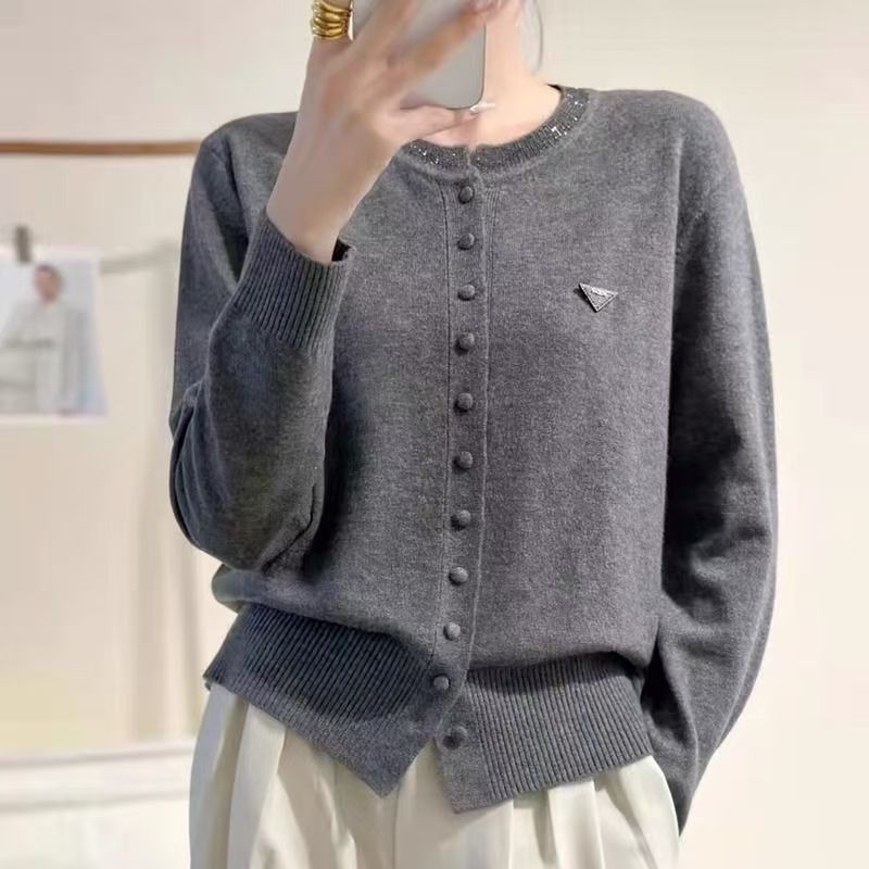 Womens Round-Neck, Diamond-Embellished, Solid-Colored Knit Cardigan Gray