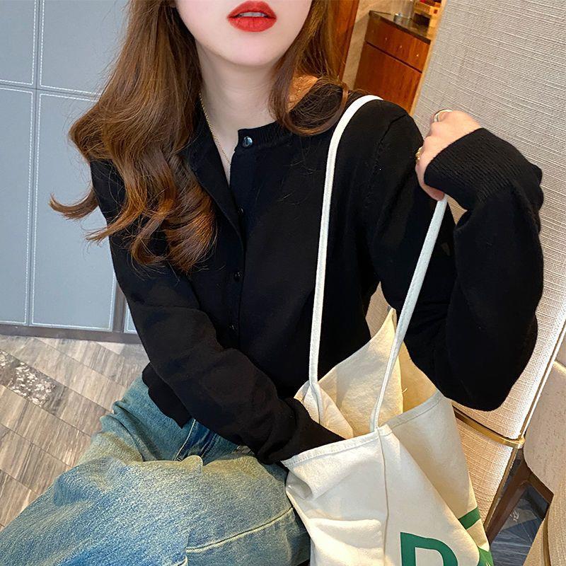 Women's Slimming Round-Neck Long-Sleeve Knitted Cardigan Black