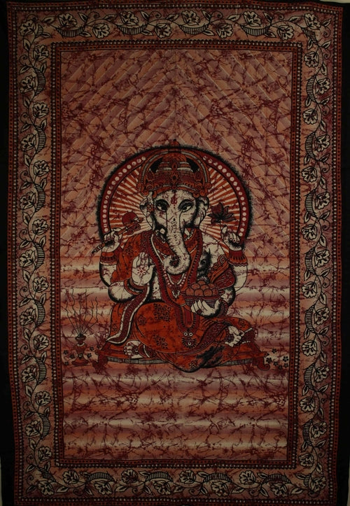 Red Ganesha Batik Tie Dye Tapestry Twin Size Wall Hanging 80 x 55 Red Cotton