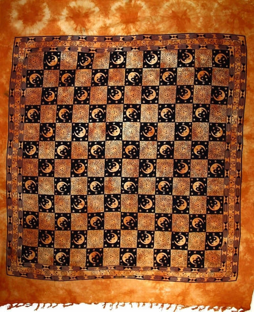 Checkered Sun And Moon Tapestry With Tassels Purple Saffron 90 x 80 Orange Cotton