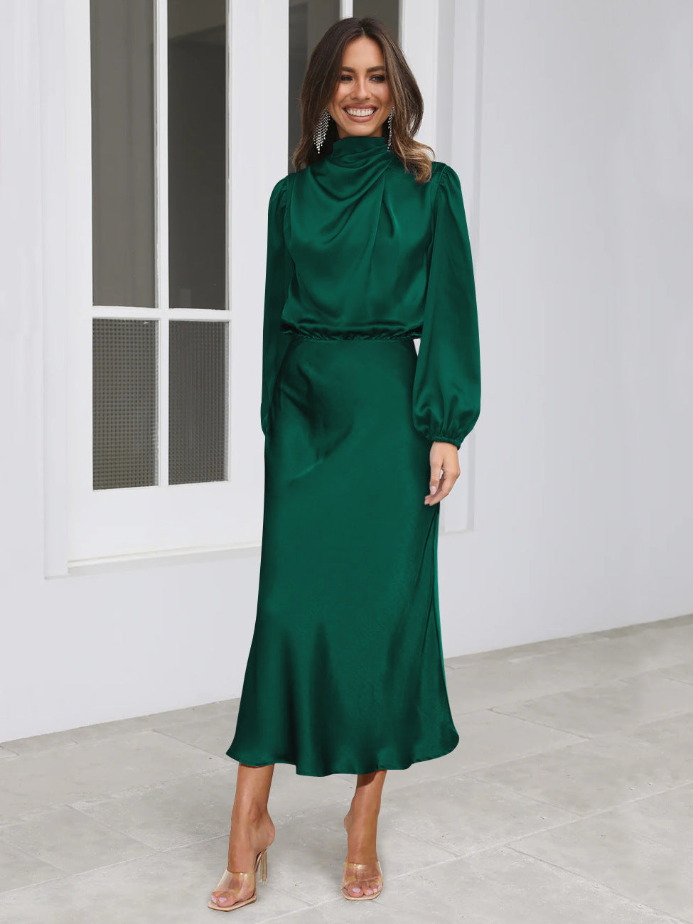 Elegant Temperament Long-sleeved Dress Satin Halterneck Formal Evening Dresses Women Clothing GQTG027 Dark Green