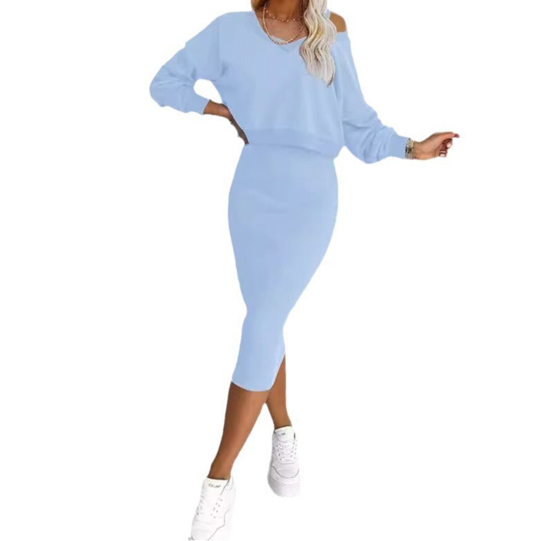 Women's Two Piece Dress Suit Fashion Long-sleeved V-neck Pullover Sweatshirt And Sleeveless Dresses Set Light Blue