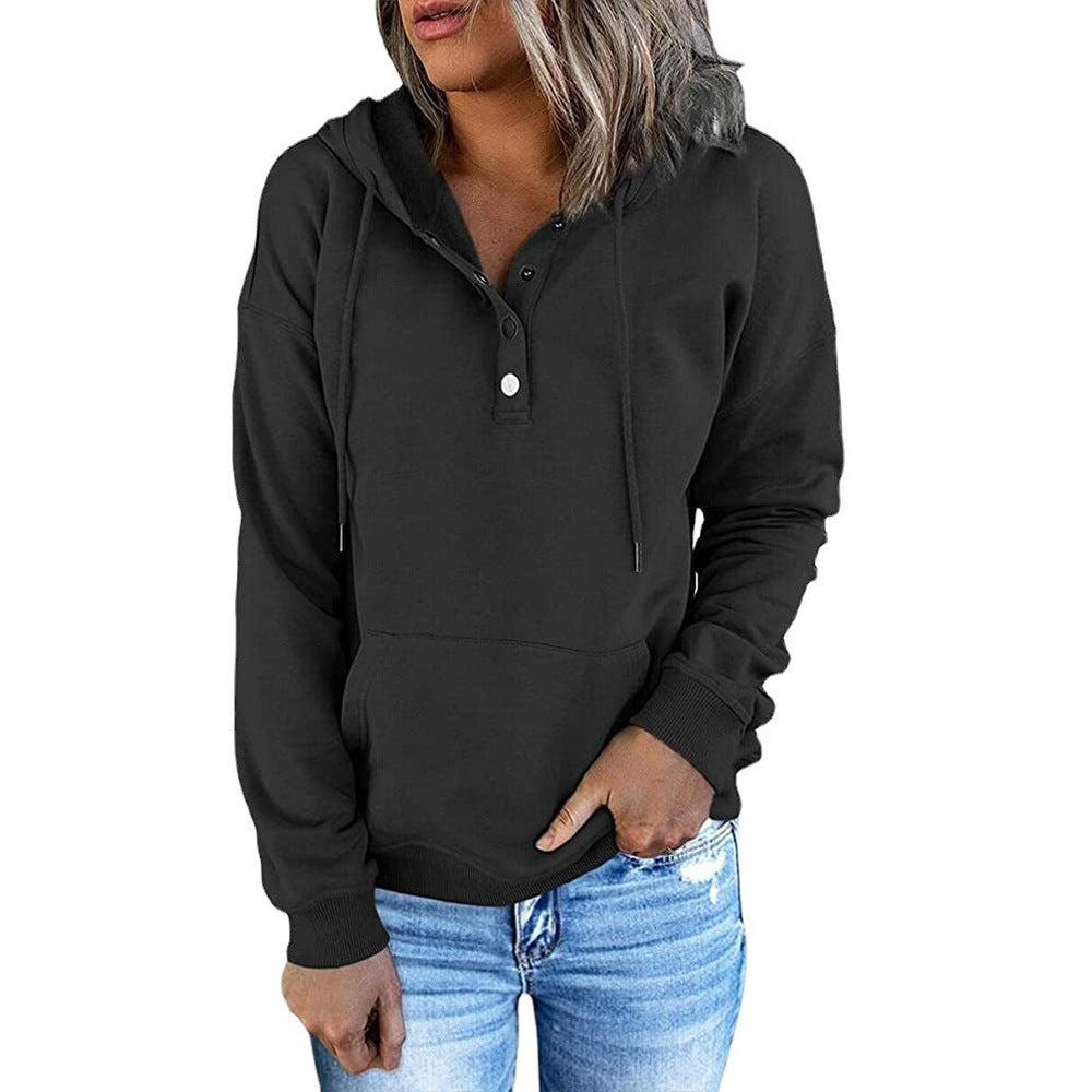 Long-sleeved Hooded Sweatshirt With Pockets Fashion Casual Button Drawstring Design Hoodie Top Spring And Autumn Sports Clothing For Women Black