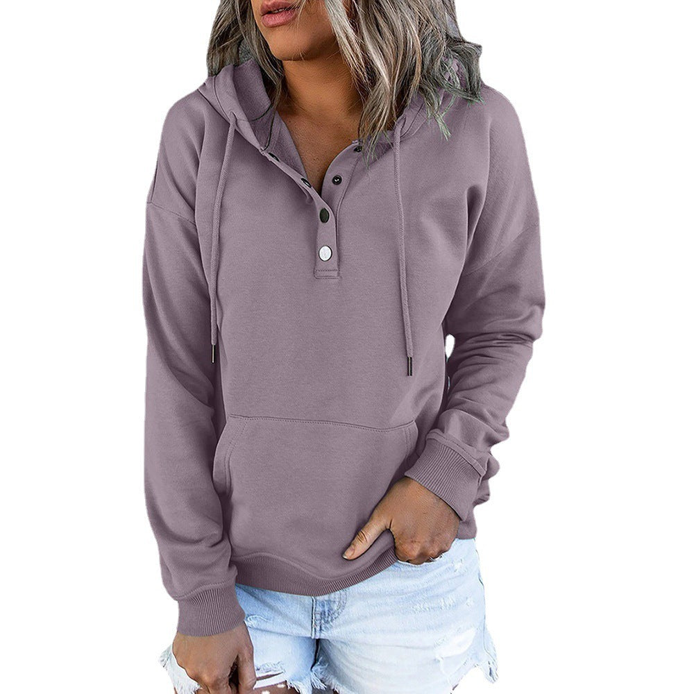 Long-sleeved Hooded Sweatshirt With Pockets Fashion Casual Button Drawstring Design Hoodie Top Spring And Autumn Sports Clothing For Women Purple