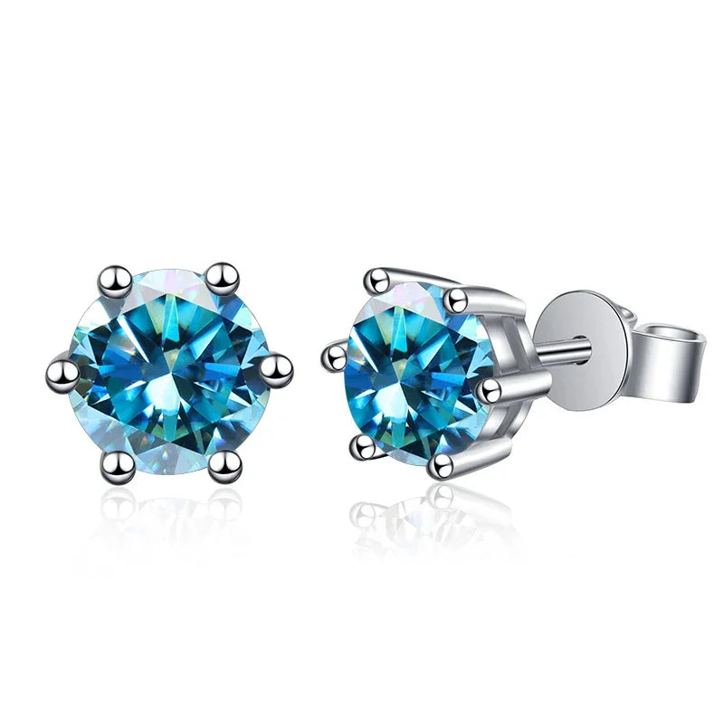 1-2 Carat D Color Moissanite Stud Earrings 925 Sterling Silver Wedding sea blue