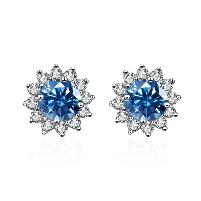 1 Ct D Color Moissanite Earrings 925 Sterling Silver Sunflower Studs For Women Wedding royal blue 1.0 ct each