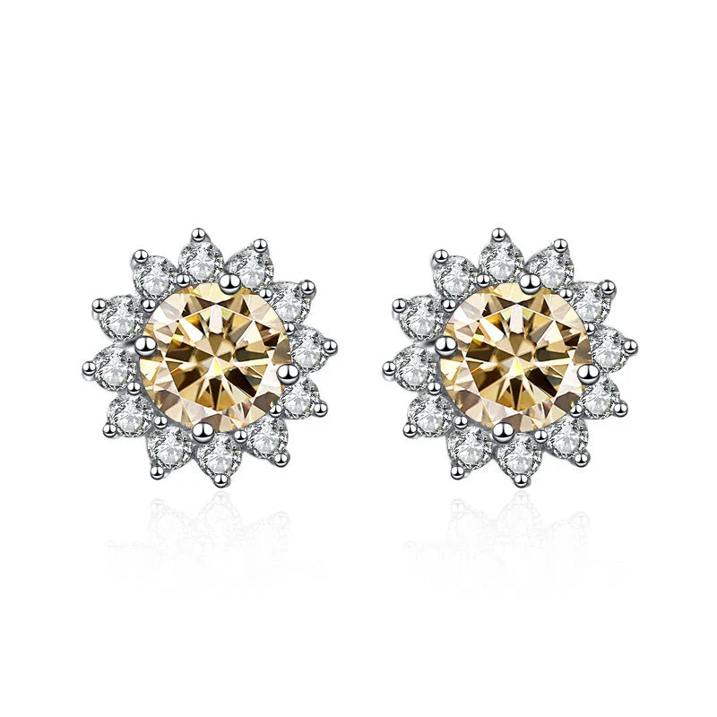 1 Ct D Color Moissanite Earrings 925 Sterling Silver Sunflower Studs For Women Wedding light yellow 1.0 ct each