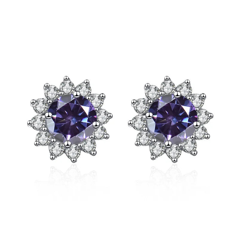 1 Ct D Color Moissanite Earrings 925 Sterling Silver Sunflower Studs For Women Wedding violet 1.0 ct each