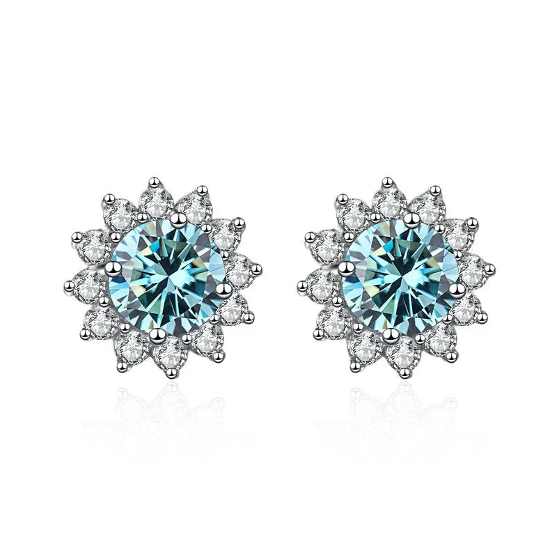 1 Ct D Color Moissanite Earrings 925 Sterling Silver Sunflower Studs For Women Wedding blue 1.0 ct each