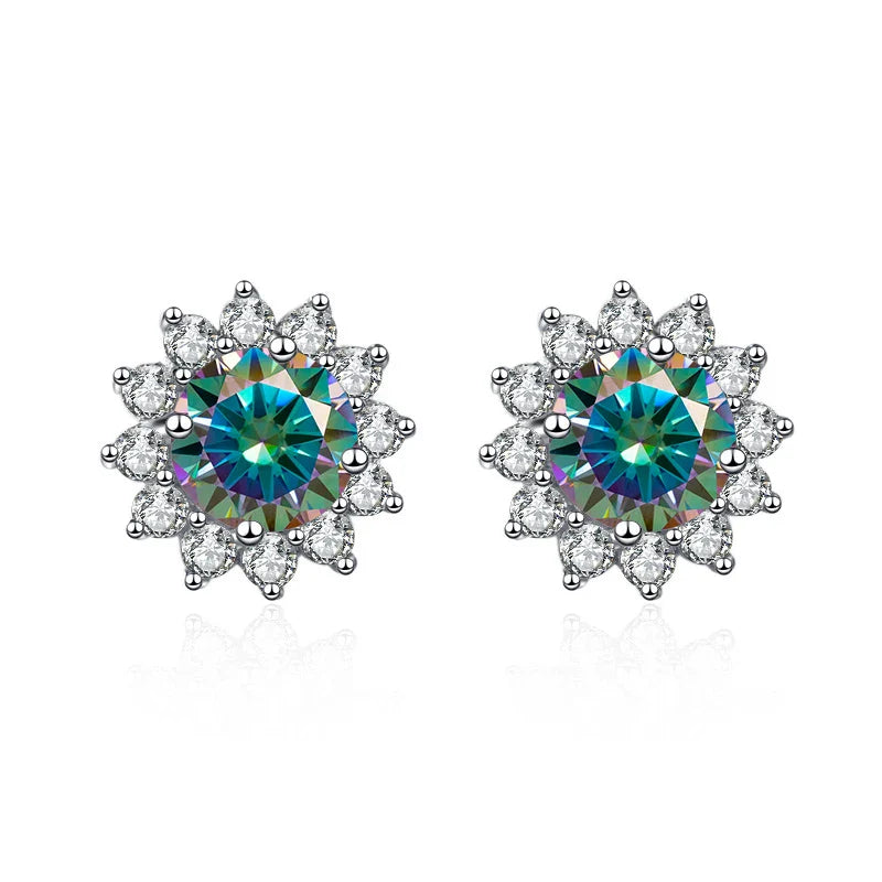 1 Ct D Color Moissanite Earrings 925 Sterling Silver Sunflower Studs For Women Wedding rainbow 1.0 ct each
