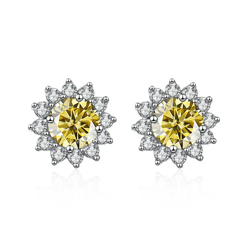 1 Ct D Color Moissanite Earrings 925 Sterling Silver Sunflower Studs For Women Wedding lemon yellow 1.0 ct each