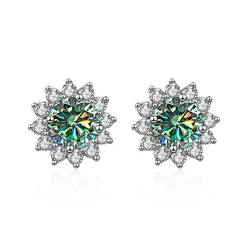1 Ct D Color Moissanite Earrings 925 Sterling Silver Sunflower Studs For Women Wedding blue green 1.0 ct each