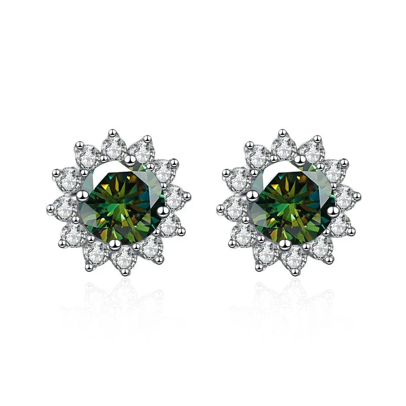 1 Ct D Color Moissanite Earrings 925 Sterling Silver Sunflower Studs For Women Wedding dark green 1.0 ct each