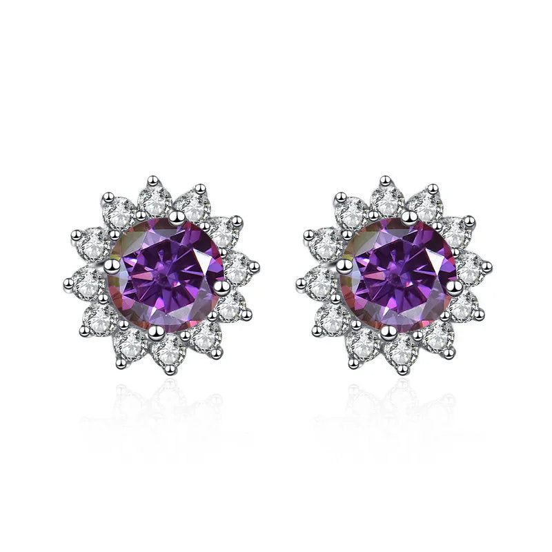 1 Ct D Color Moissanite Earrings 925 Sterling Silver Sunflower Studs For Women Wedding purplish red 1.0 ct each