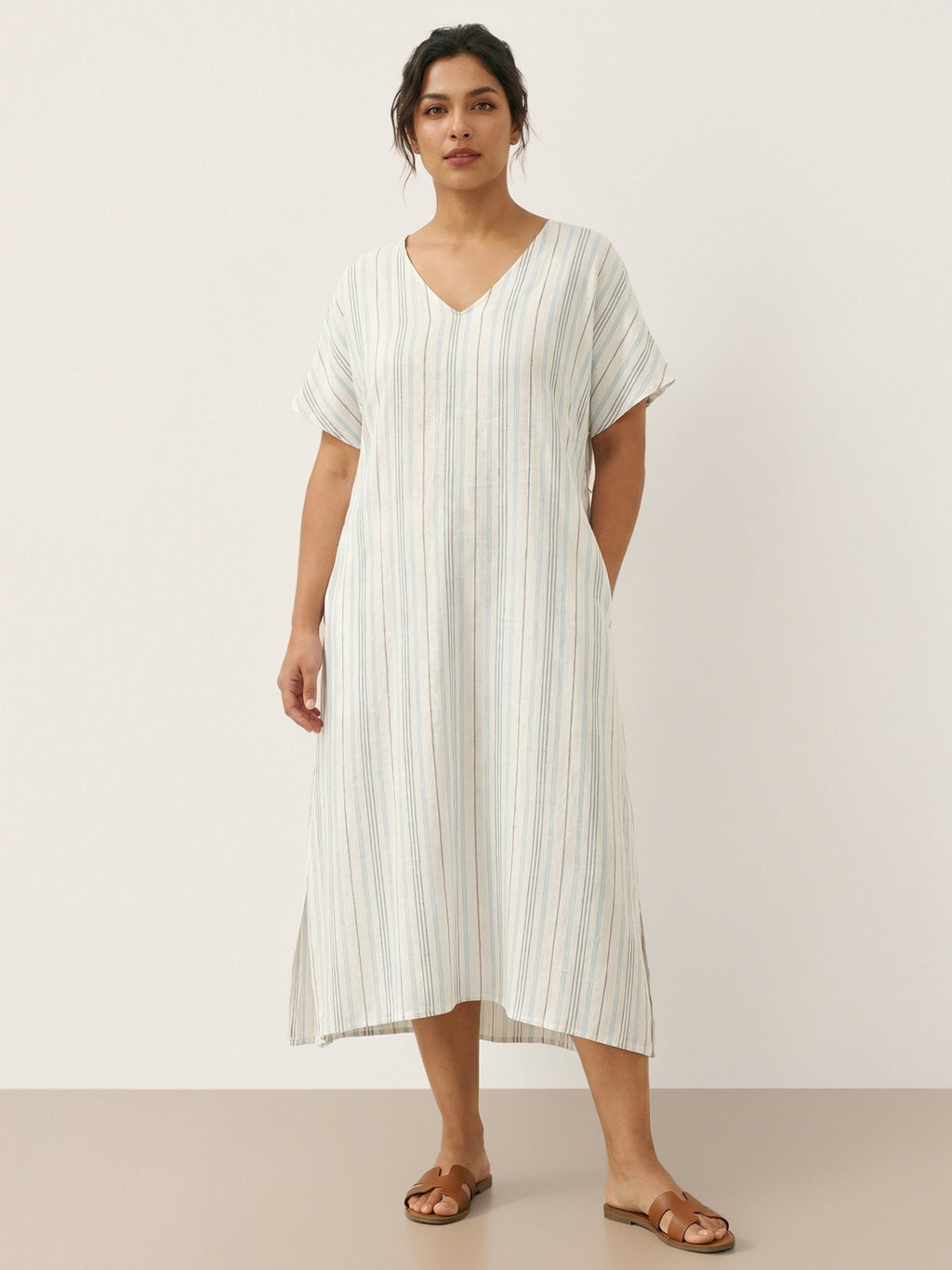 100% Linen Back-Tied Waist Maxi Dress HANA Breeze Blue