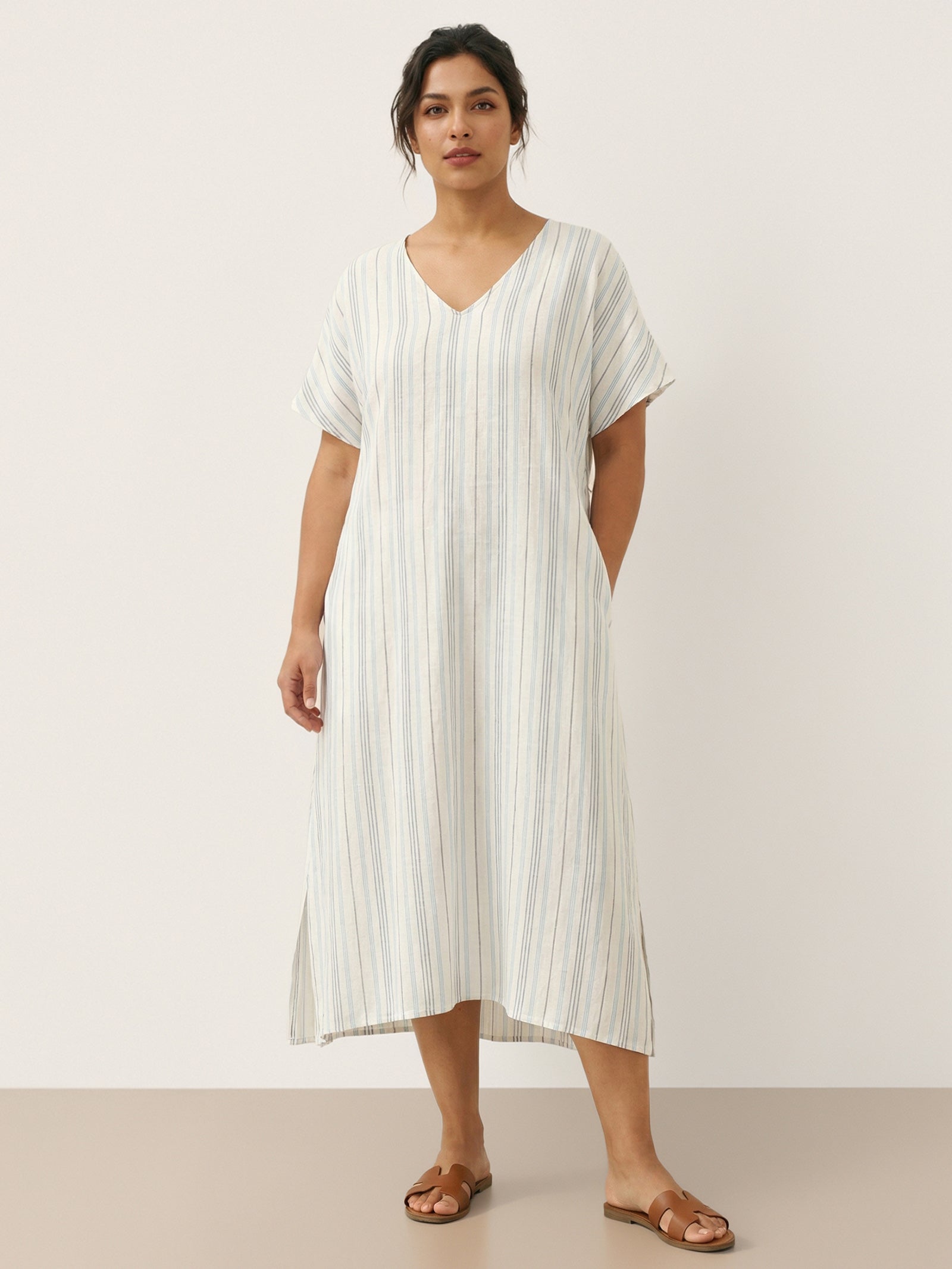100% Linen Back-Tied Waist Maxi Dress HANA Breeze Blue