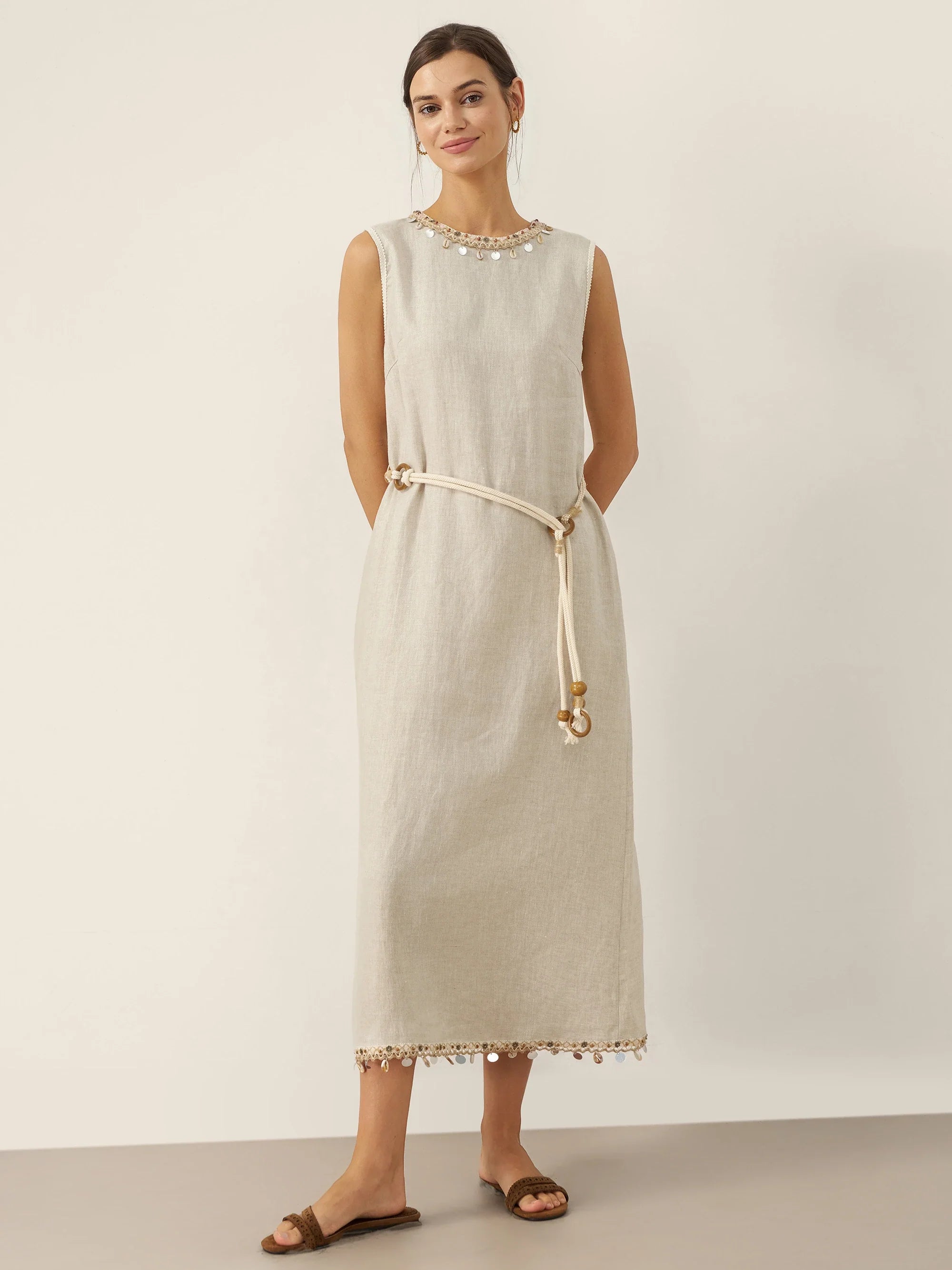 100% Linen Beaded Crew Neck Maxi Dress with Belt BELLA Natural Linen