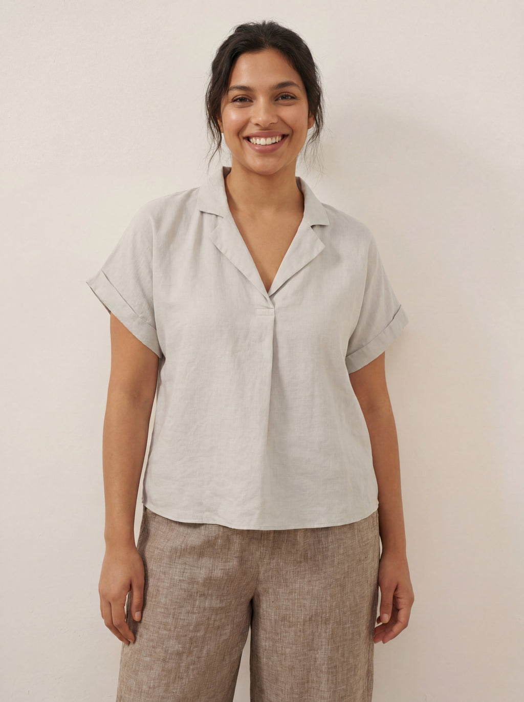100% Linen Blazer-Inspired Pullover Top DINA Light Grey