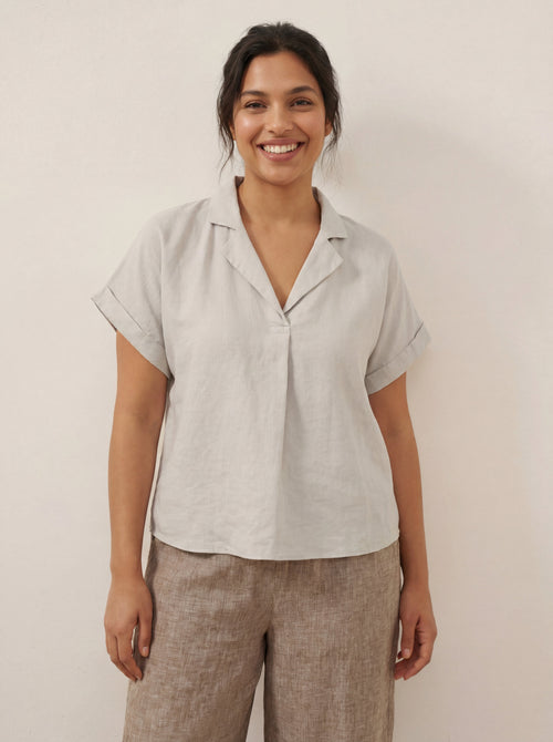 100% Linen Blazer-Inspired Pullover Top DINA Light Grey
