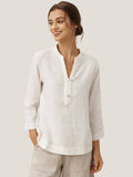 100% Linen Deep V-Neck Pullover with Button-Trim JOLYNE Optic White