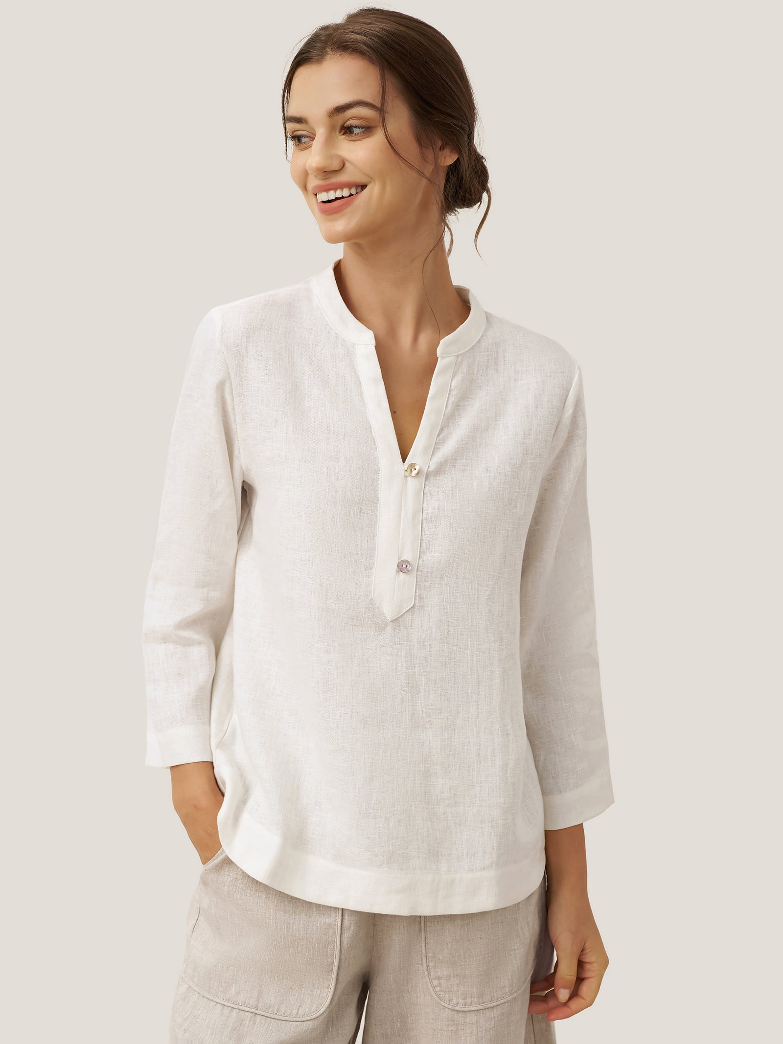 100% Linen Deep V-Neck Pullover with Button-Trim JOLYNE Optic White