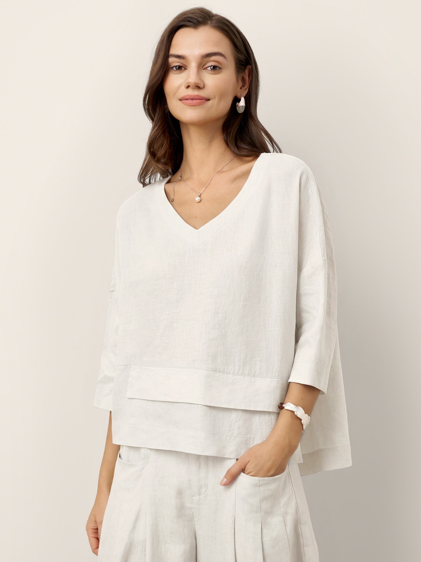 100% Linen Drop Shoulder Asymmetric Layered Hem Overtop VIOLA Optic White