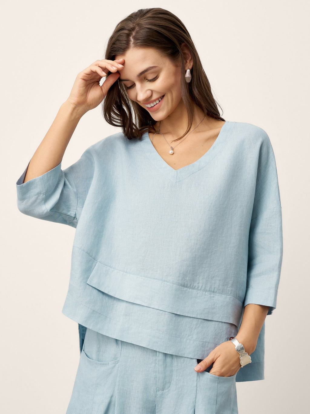 100% Linen Drop Shoulder Asymmetric Layered Hem Overtop VIOLA Sky Blue