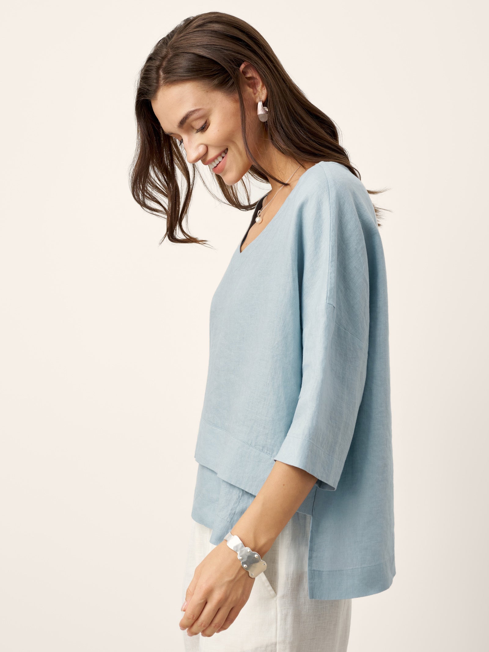 100% Linen Drop Shoulder Asymmetric Layered Hem Overtop VIOLA