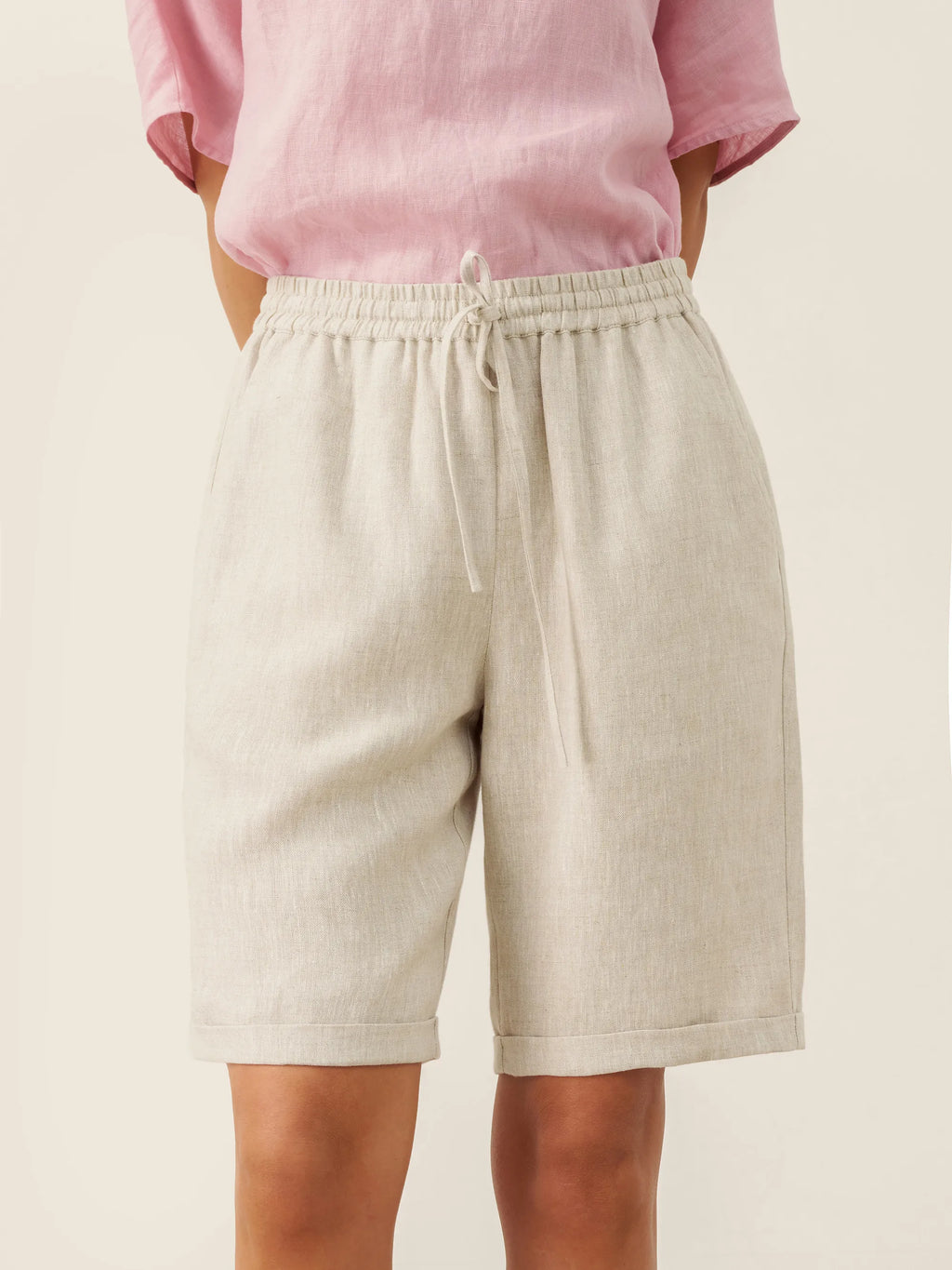 100% Linen Elastic Drawstring Waist Capri Pants XIMENA Natural Linen
