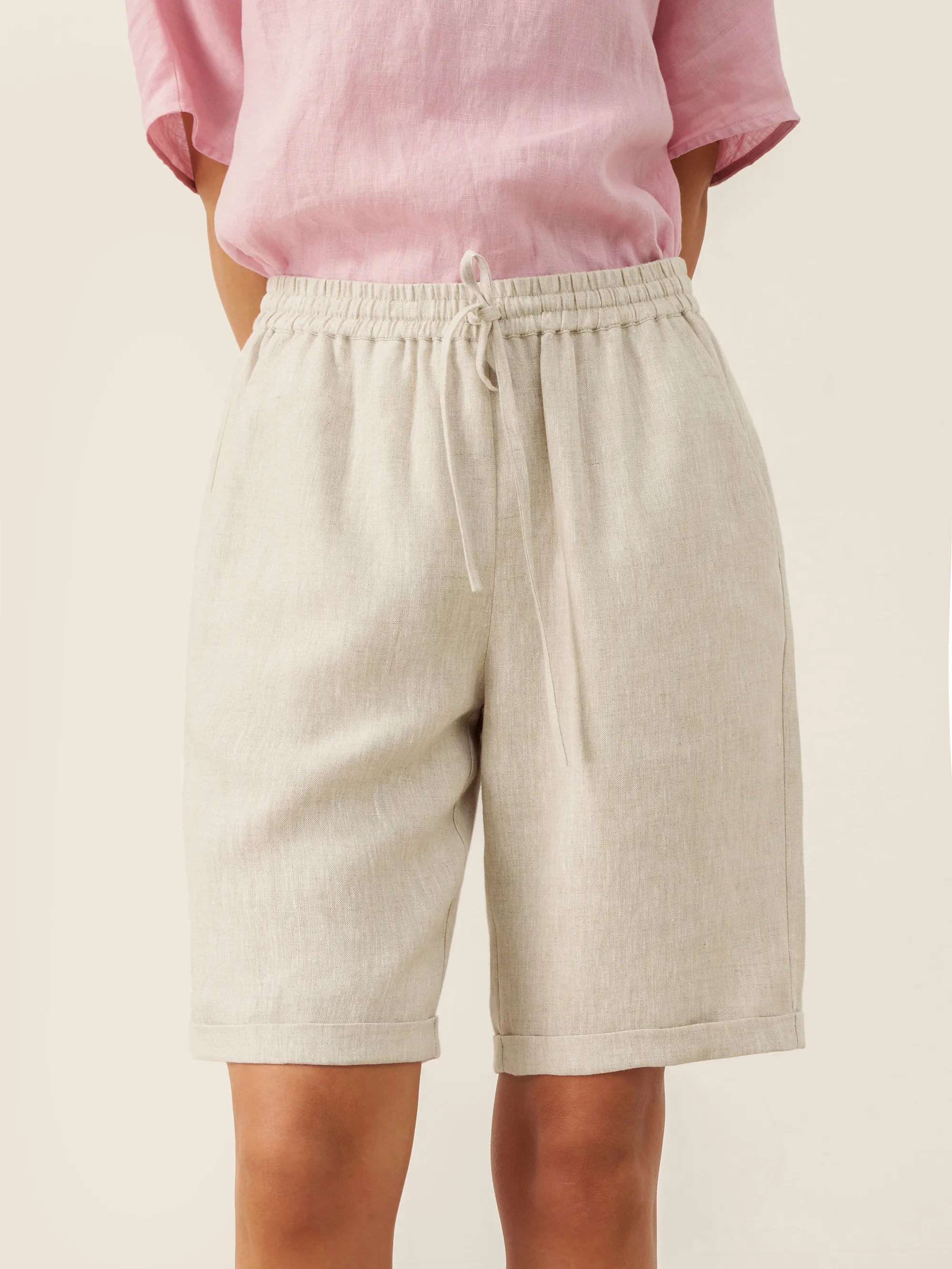 100% Linen Elastic Drawstring Waist Capri Pants XIMENA Natural Linen