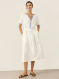 100% Linen Embroidered V-Neck Midi Dress with Belt FELLIS Optic White