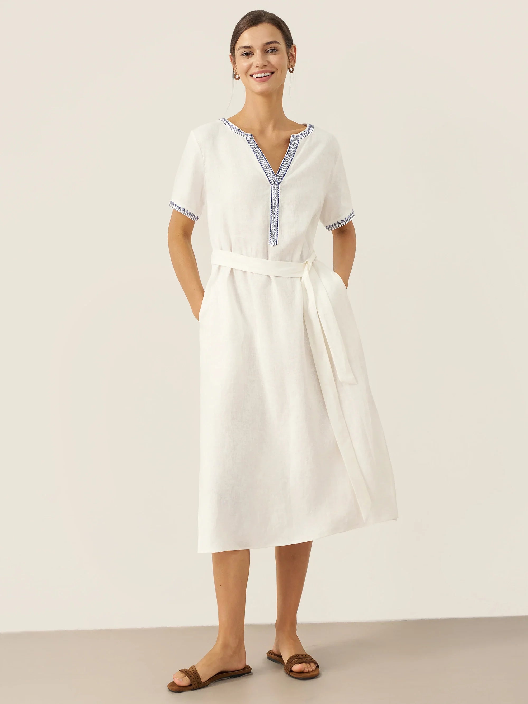 100% Linen Embroidered V-Neck Midi Dress with Belt FELLIS Optic White
