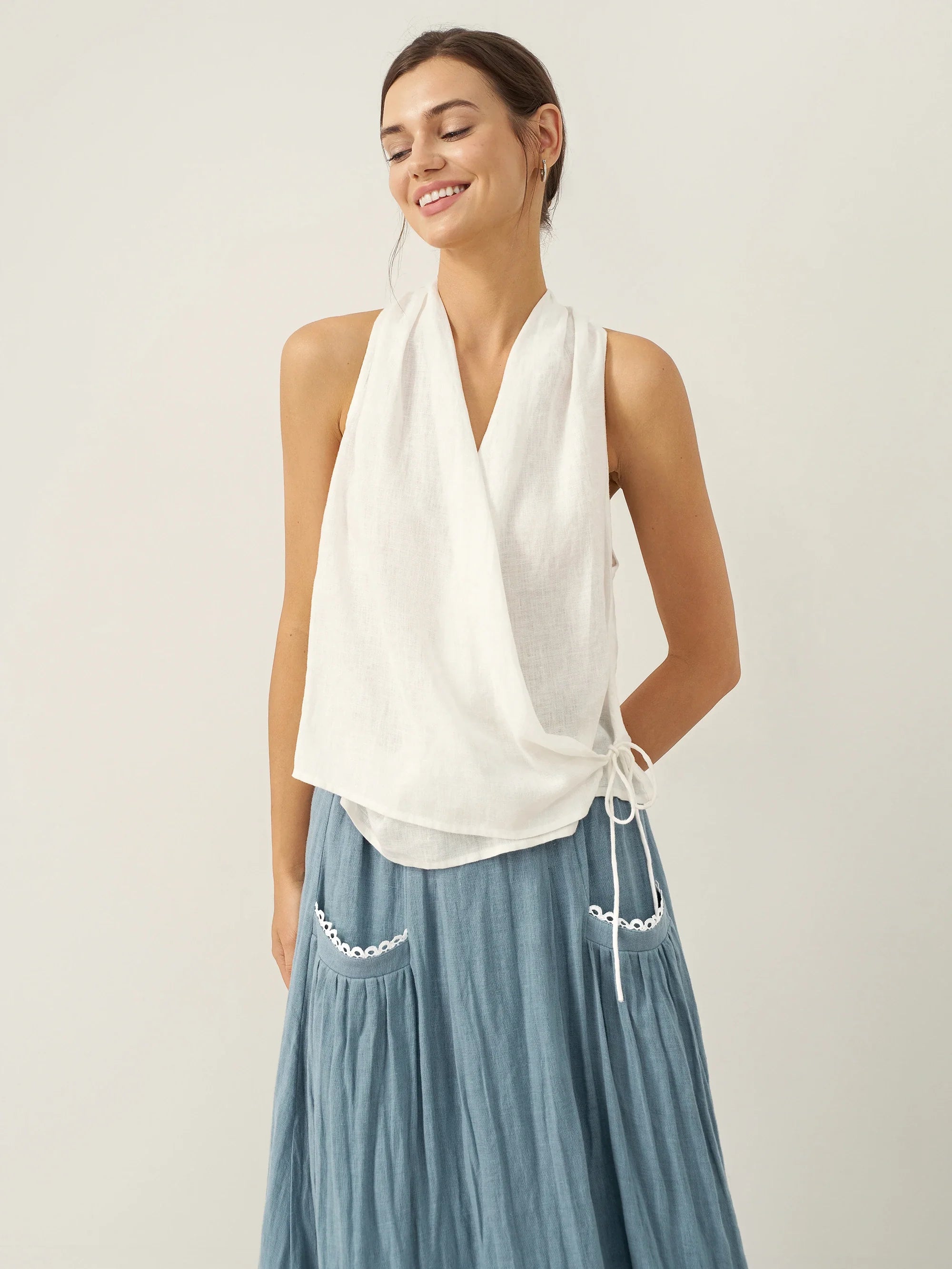 100% Linen Halter Neck Tie-Front Crop Top FAYE Optic White