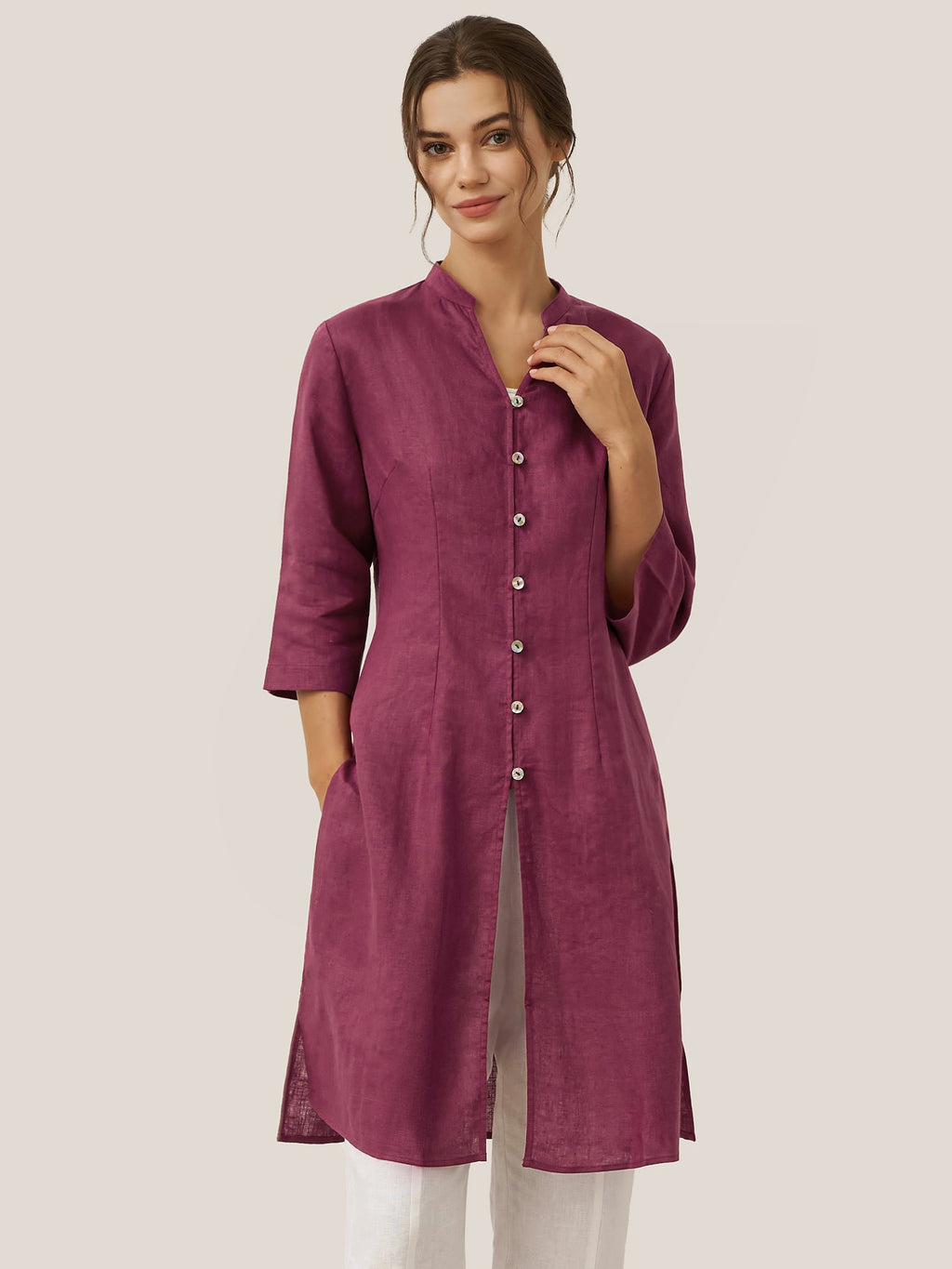 100% Linen Hand Button Long Top DILLON Rosewood