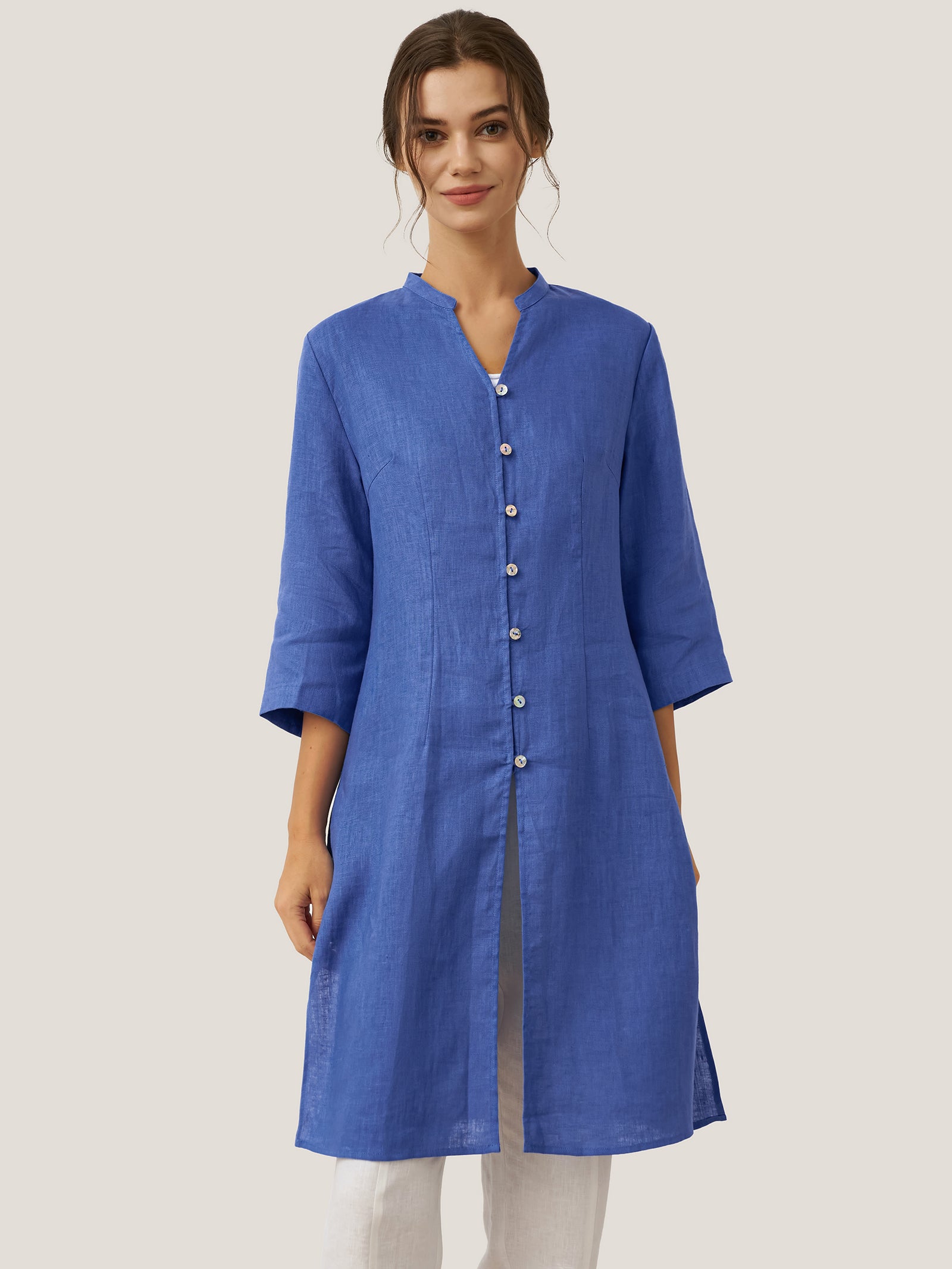 100% Linen Hand Button Long Top DILLON Royal Blue