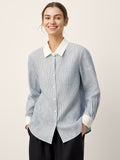 100% Linen Striped Patchwork Pleat Shirt THEA Blue Pinstripe