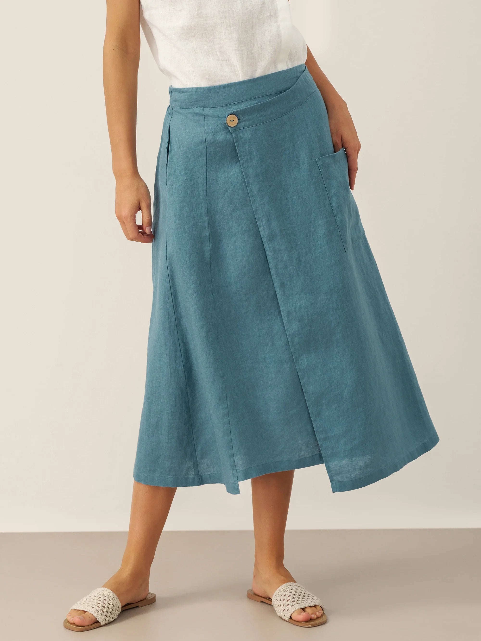 100% Linen Angled Closure Wrap Skirt FRESSA Dove Blue